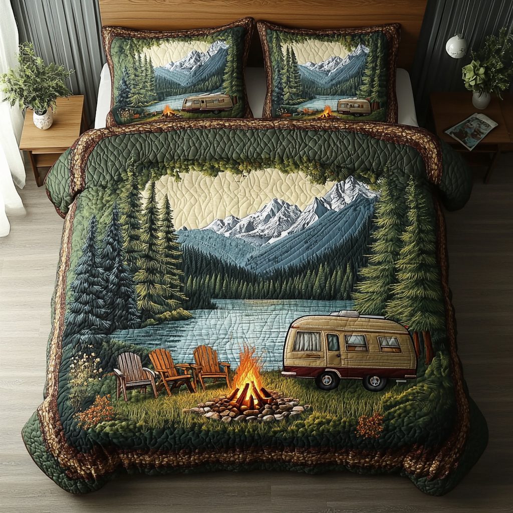 Forest Wanderer quilted 3-piece bedding set on a made bed with two matching pillow shams