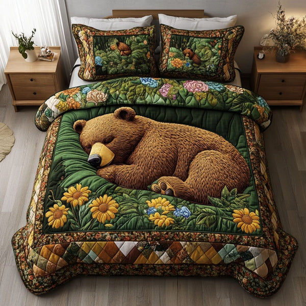 Forest Wanderer quilted 3-piece bedding set on a made bed with two matching pillow shams