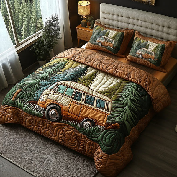 Forest Wanderlust Vibes quilted 3-piece bedding set on a made bed with two matching pillow shams