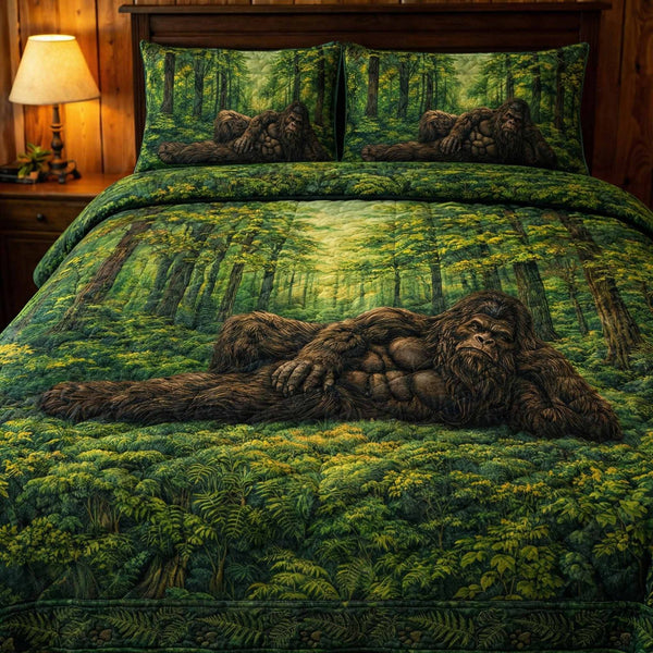 Forest Watcher quilted 3-piece bedding set on a made bed with two matching pillow shams
