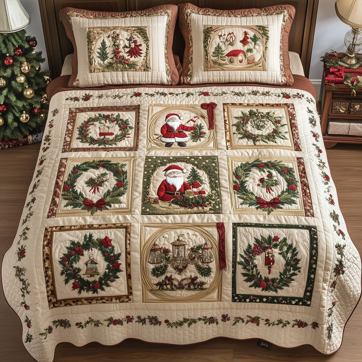 Forest Whimsy quilted 3-piece bedding set on a made bed with two matching pillow shams