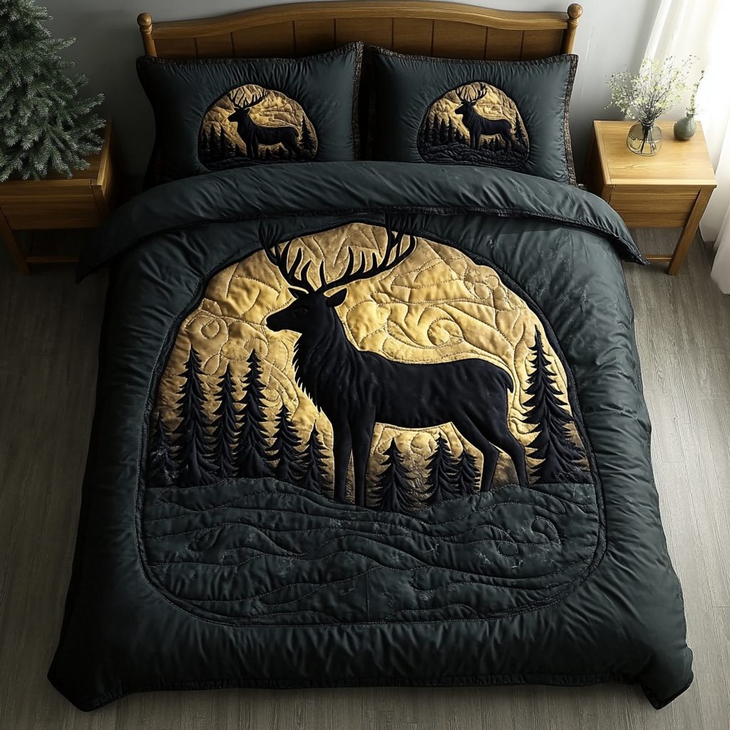 Forest Whisper quilted 3-piece bedding set on a made bed with two matching pillow shams