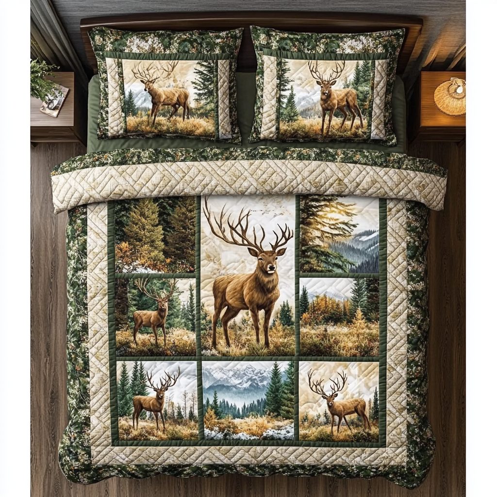 Forest Whisper quilted 3-piece bedding set on a made bed with two matching pillow shams