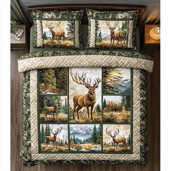 Forest Whisper quilted 3-piece bedding set on a made bed with two matching pillow shams