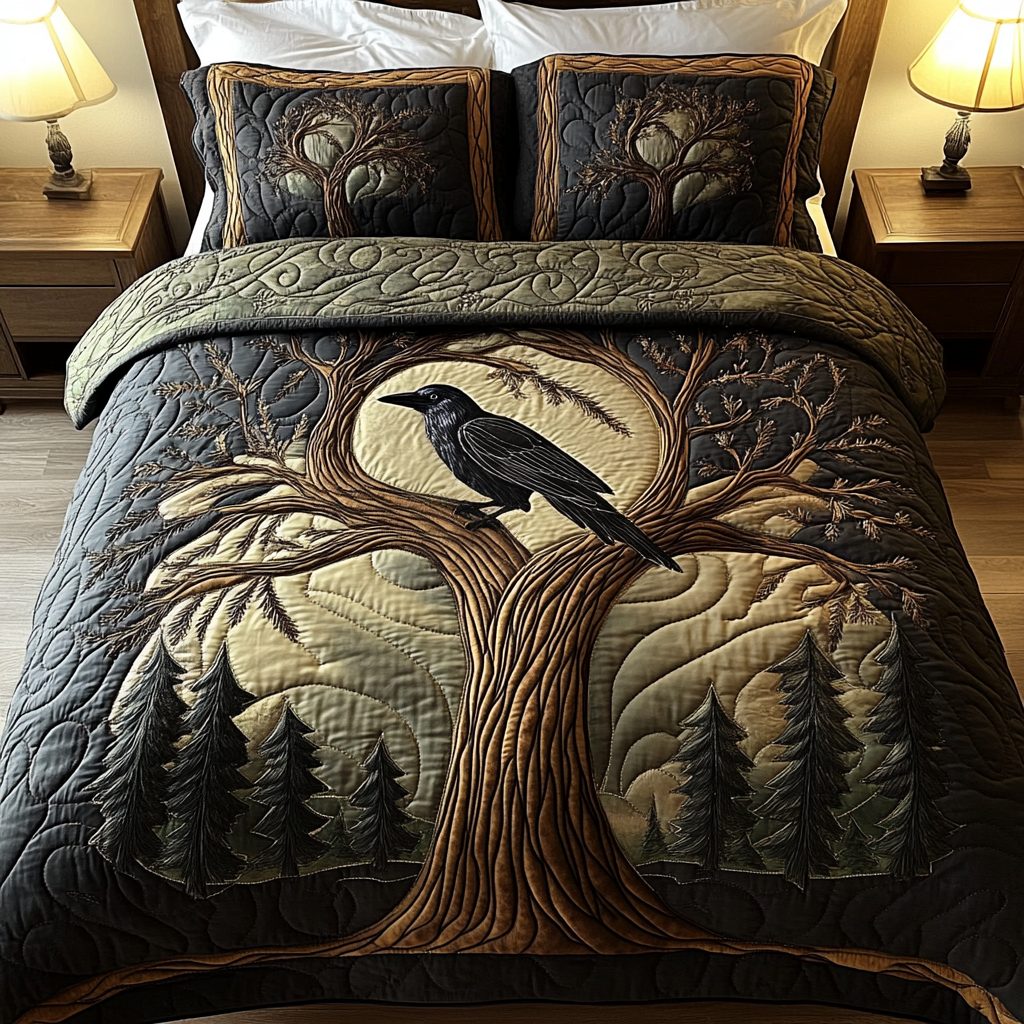 Forest Whisper quilted 3-piece bedding set on a made bed with two matching pillow shams
