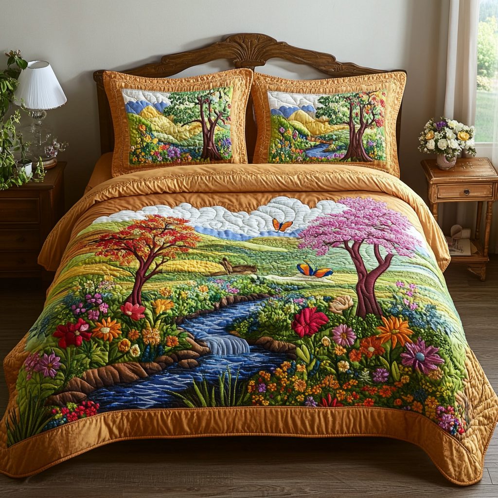 Forest Whisper quilted 3-piece bedding set on a made bed with two matching pillow shams