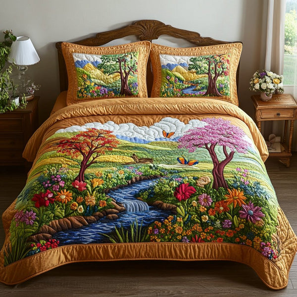 Forest Whisper quilted 3-piece bedding set on a made bed with two matching pillow shams