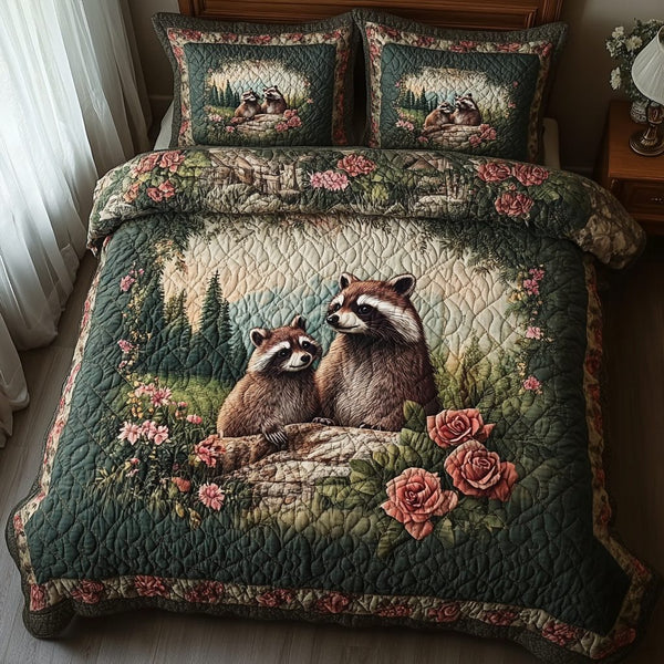 Forest Whispers quilted 3-piece bedding set on a made bed with two matching pillow shams