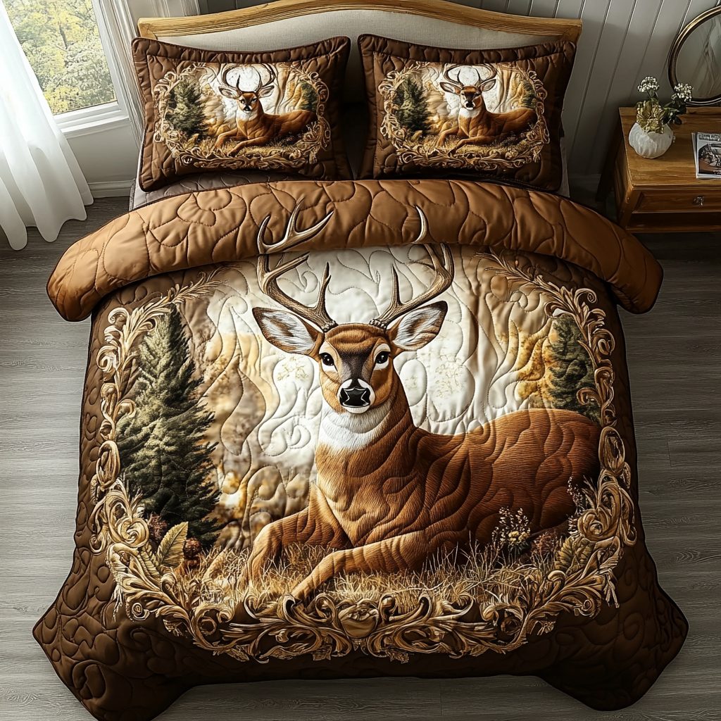 Forest White Tailed quilted 3-piece bedding set on a made bed with two matching pillow shams