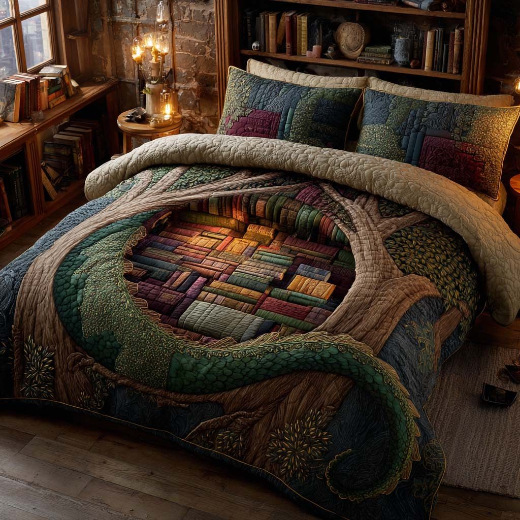 Forest Wisdom Nest quilted 3-piece bedding set on a made bed with two matching pillow shams