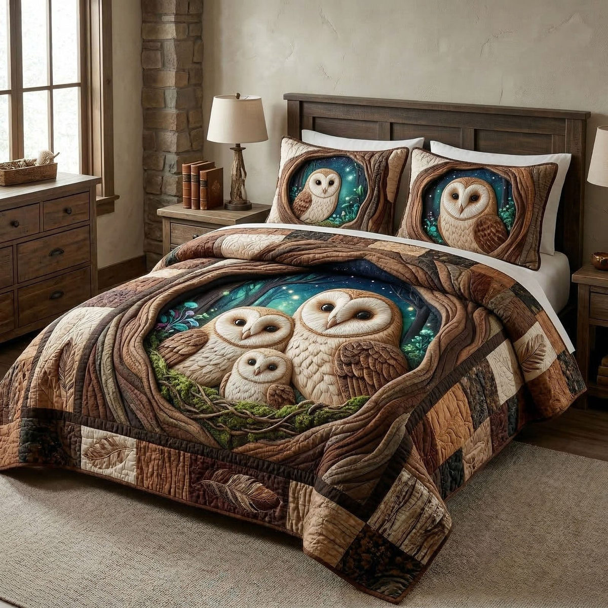 Forest Wisdom quilted 3-piece bedding set on a made bed with two matching pillow shams