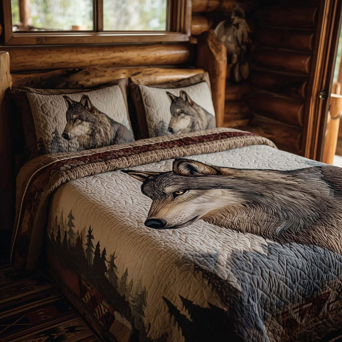 Forest Wolf quilted 3-piece bedding set on a made bed with two matching pillow shams