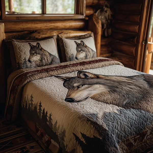 Forest Wolf quilted 3-piece bedding set on a made bed with two matching pillow shams