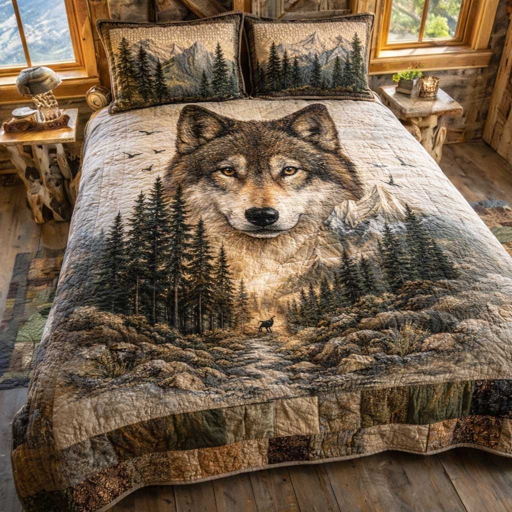 Forest Wolf quilted 3-piece bedding set on a made bed with two matching pillow shams