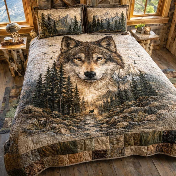 Forest Wolf quilted 3-piece bedding set on a made bed with two matching pillow shams