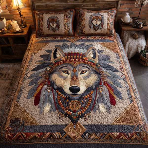 Forest Wolf quilted 3-piece bedding set on a made bed with two matching pillow shams