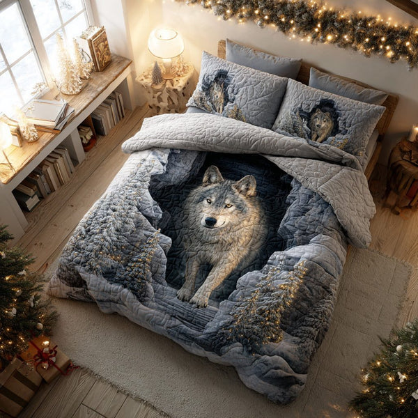Forest Wolf Retreat quilted 3-piece bedding set on a made bed with two matching pillow shams