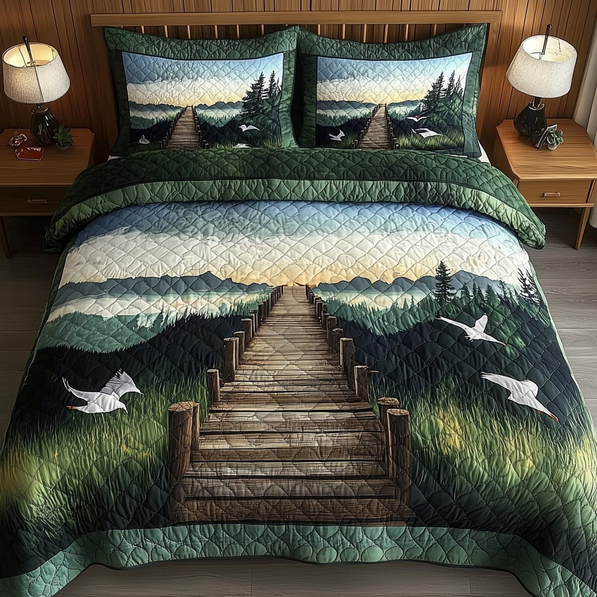Forest Wooden Dock quilted 3-piece bedding set on a made bed with two matching pillow shams