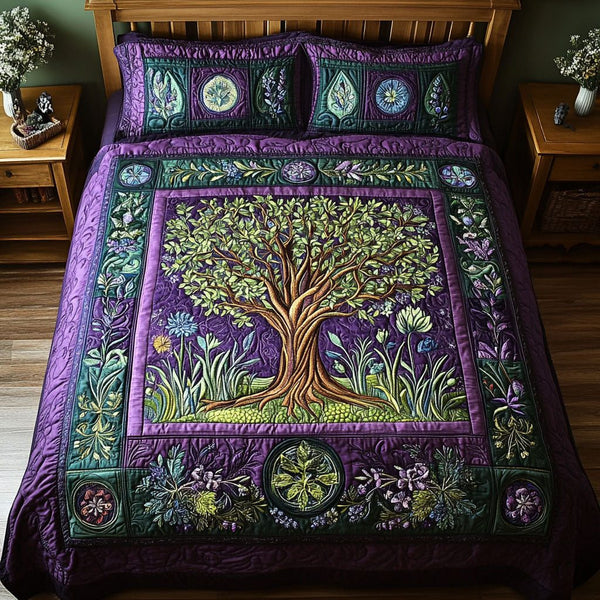Forests Secrets quilted 3-piece bedding set on a made bed with two matching pillow shams