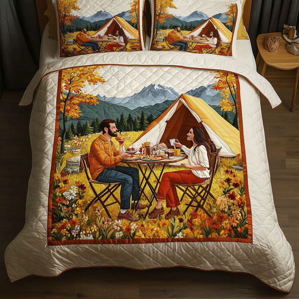 Forever Camping quilted 3-piece bedding set on a made bed with two matching pillow shams