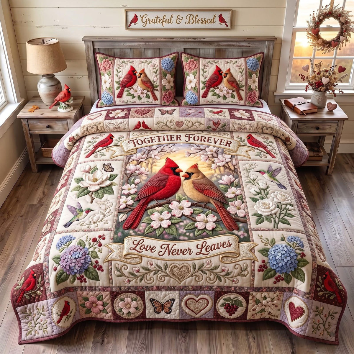 Forever Cardinals quilted 3-piece bedding set on a made bed with two matching pillow shams