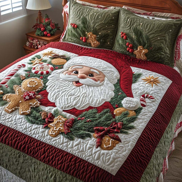 Forever Christmas quilted 3-piece bedding set on a made bed in a winter-styled bedroom