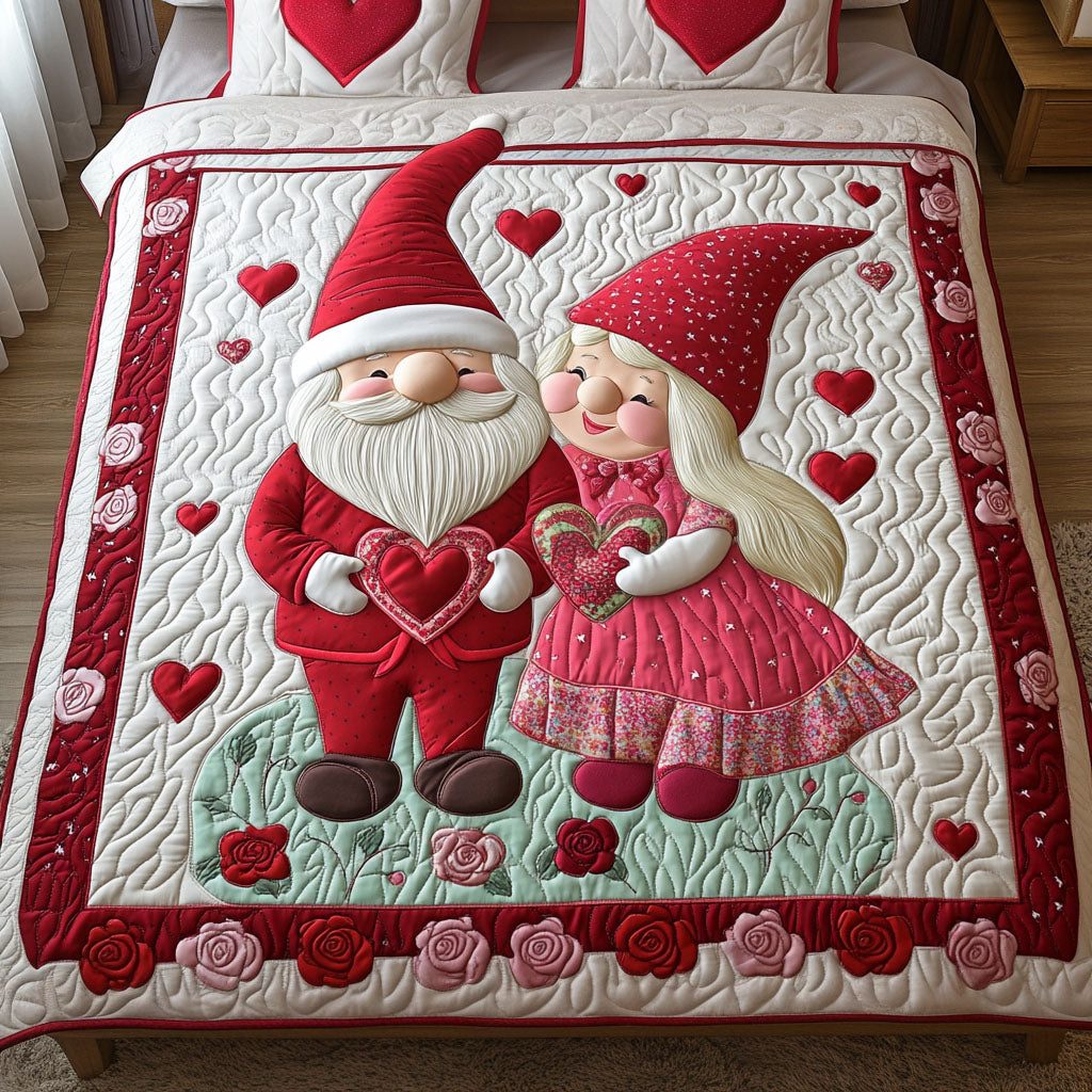 Forever Gnome quilted 3-piece bedding set on a made bed in a winter-styled bedroom