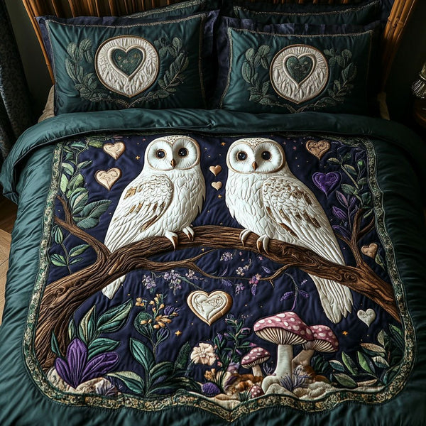 Forever Owls quilted 3-piece bedding set on a made bed with two matching pillow shams