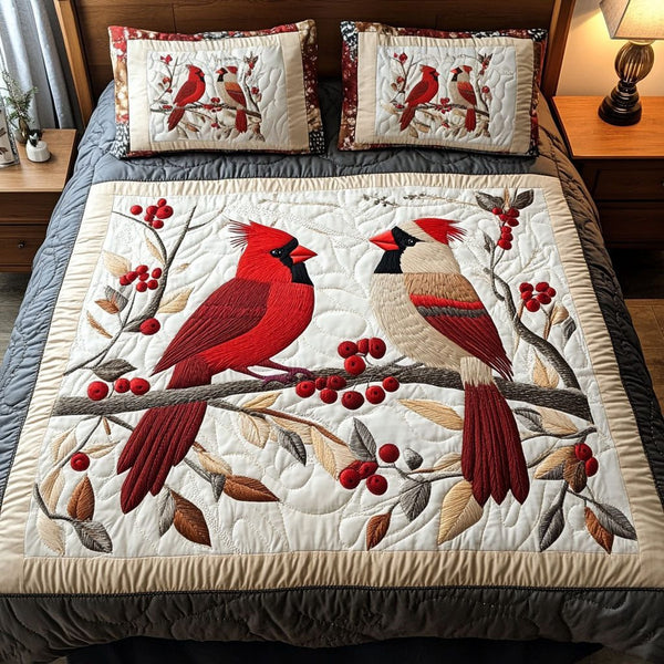 Forever Pair quilted 3-piece bedding set on a made bed with two matching pillow shams