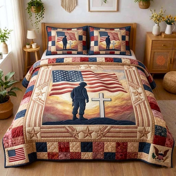 Forever Remembered quilted 3-piece bedding set on a made bed with two matching pillow shams