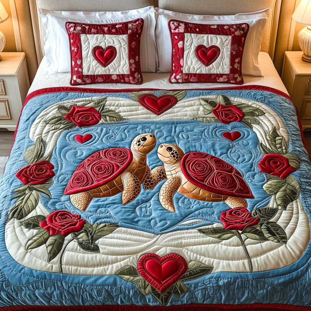 Forever Turtley quilted 3-piece bedding set on a made bed in a light coastal bedroom