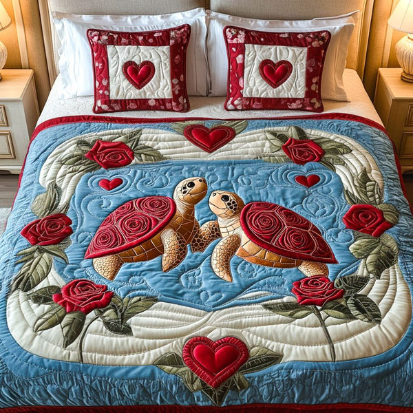 Forever Turtley quilted 3-piece bedding set on a made bed in a light coastal bedroom