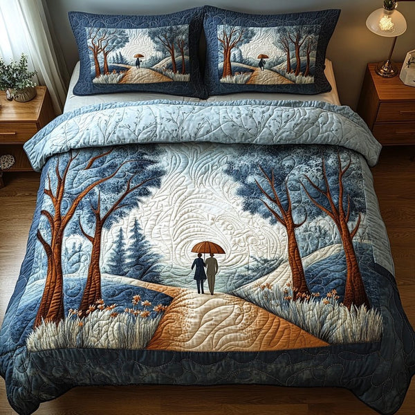 Forever Us quilted 3-piece bedding set on a made bed with two matching pillow shams