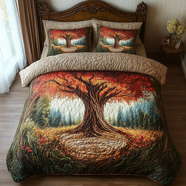 Forgotten Grove quilted 3-piece bedding set on a made bed with two matching pillow shams