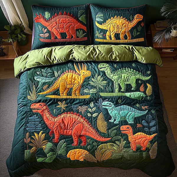 Fossil Friends quilted 3-piece bedding set on a made bed with two matching pillow shams