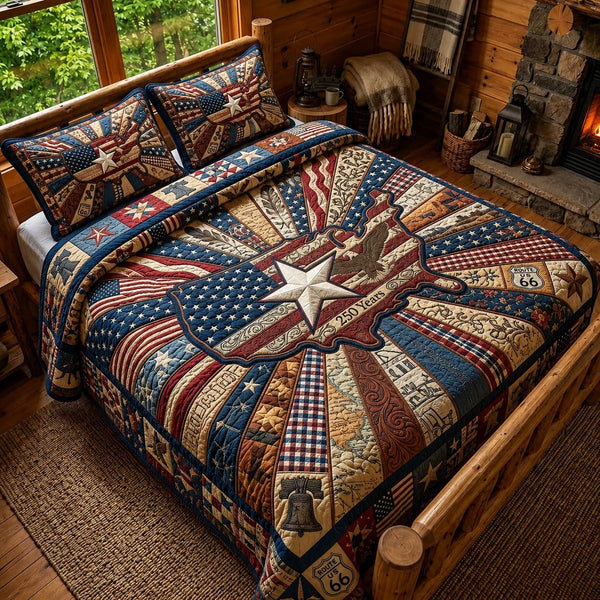 Founding Legacy quilted 3-piece bedding set on a made bed with two matching pillow shams