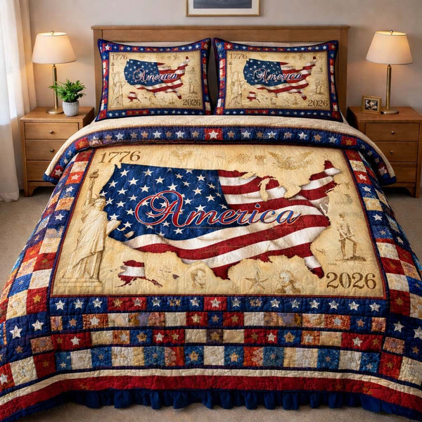 Founding Spirit quilted 3-piece bedding set on a made bed with two matching pillow shams