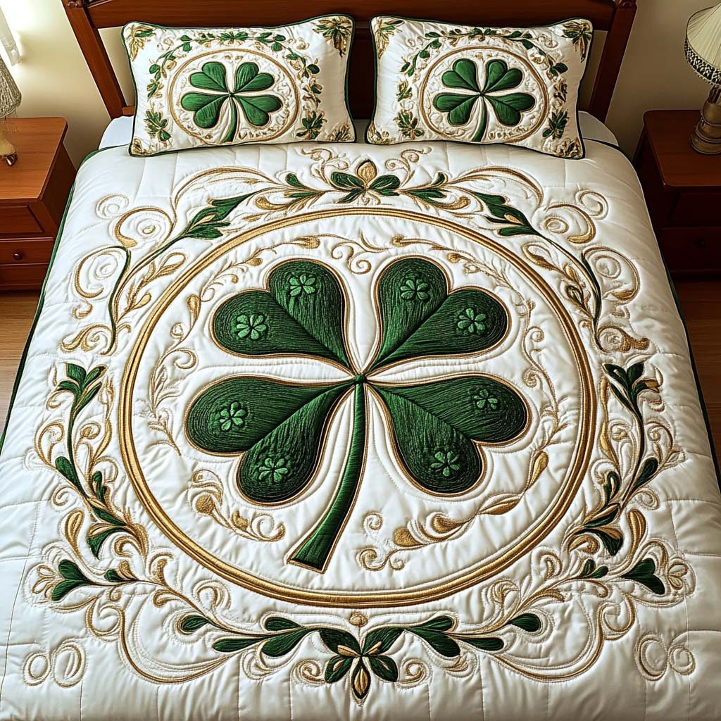 Four Leaf Bliss quilted 3-piece bedding set on a made bed with two matching pillow shams