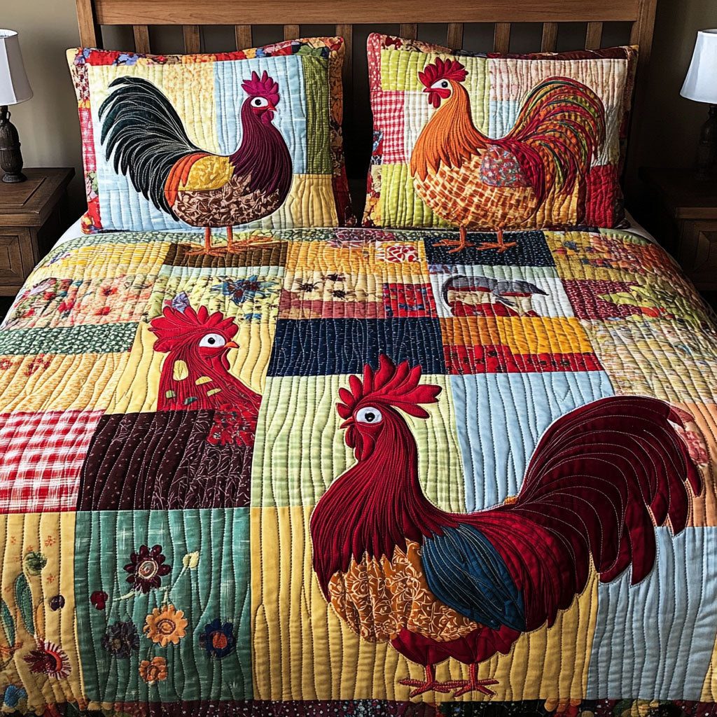 Fowl Fashion quilted 3-piece bedding set on a made bed with two matching pillow shams