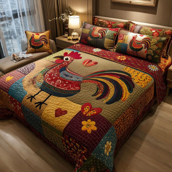 Fowl Fiesta quilted 3-piece bedding set on a made bed with two matching pillow shams