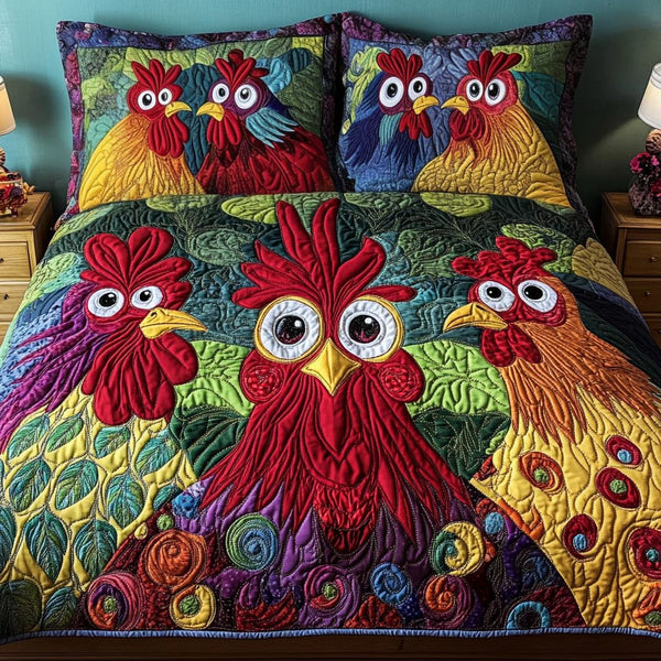 Fowl Fiesta quilted 3-piece bedding set on a made bed with two matching pillow shams