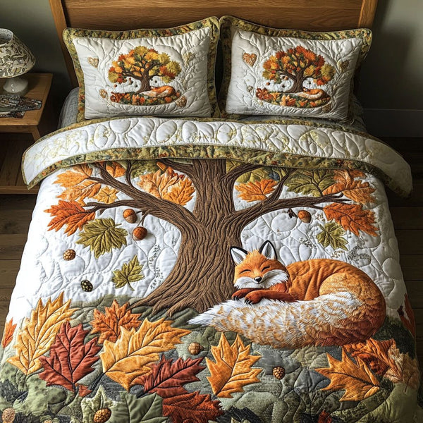 Fox Among the Leaves quilted 3-piece bedding set on a made bed with two matching pillow shams