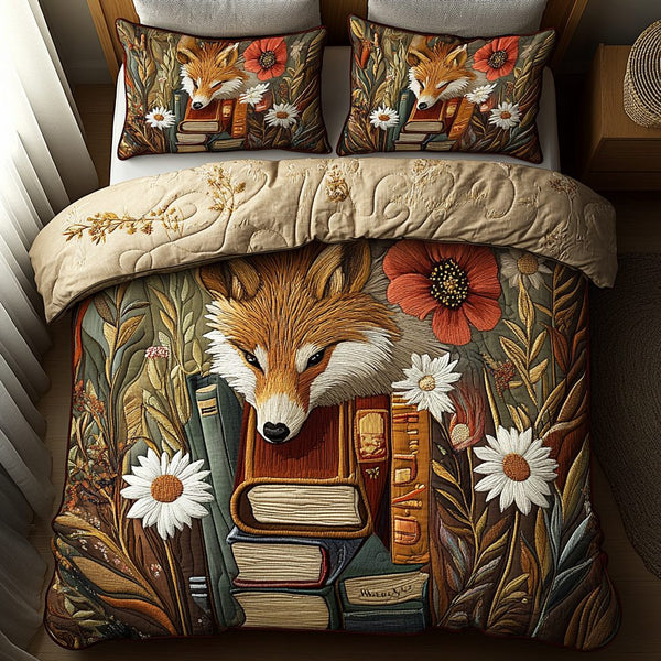 Fox and Books quilted 3-piece bedding set on a made bed with two matching pillow shams