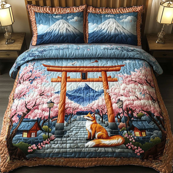 Fox and Fuji quilted 3-piece bedding set on a made bed with two matching pillow shams