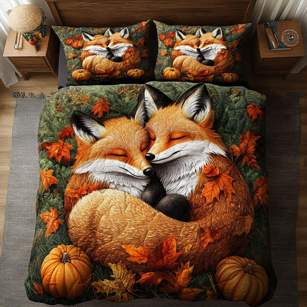 Fox and Pumpkin Patch quilted 3-piece bedding set on a made bed against a dark styled interior