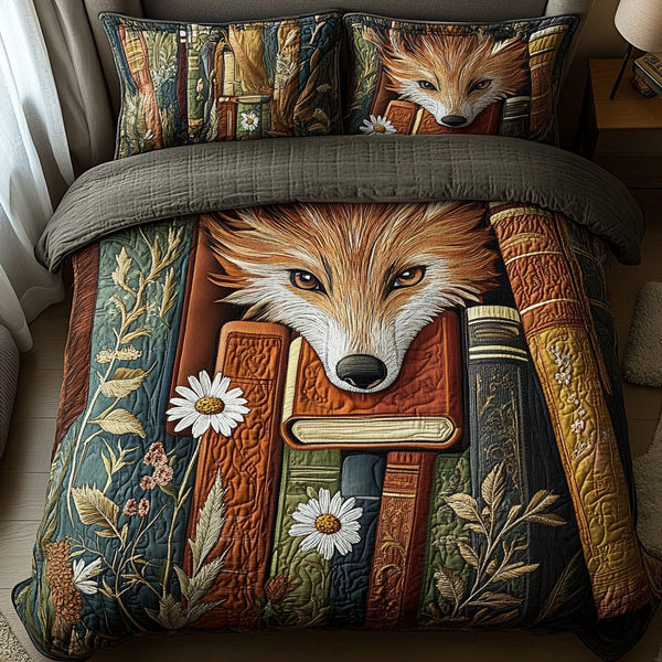 Fox Between Pages quilted 3-piece bedding set on a made bed with two matching pillow shams
