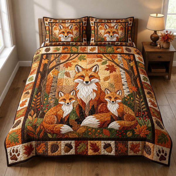 Fox Family quilted 3-piece bedding set on a made bed with two matching pillow shams