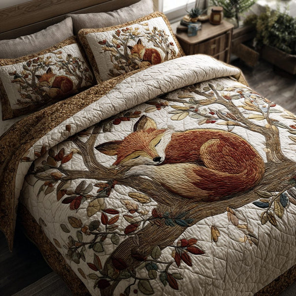 Fox Hunt quilted 3-piece bedding set on a made bed with two matching pillow shams