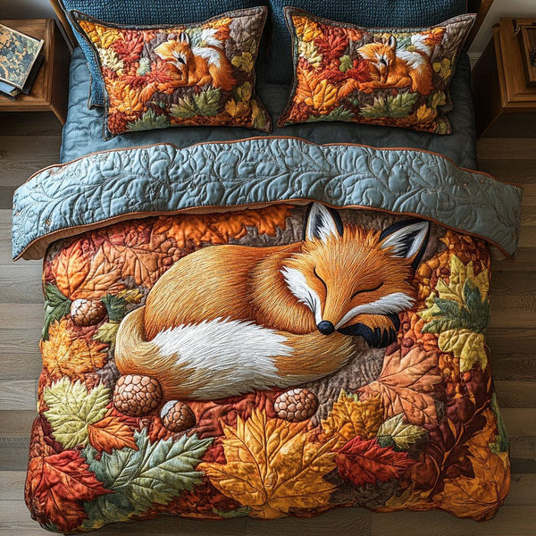 Fox in Fall Forest quilted 3-piece bedding set on a made bed with two matching pillow shams