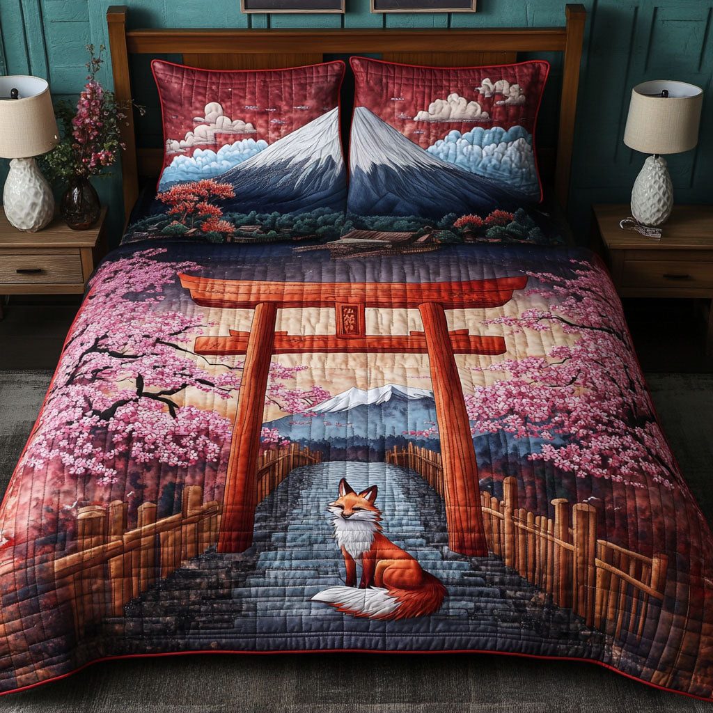 Fox in Paradise quilted 3-piece bedding set on a made bed with two matching pillow shams